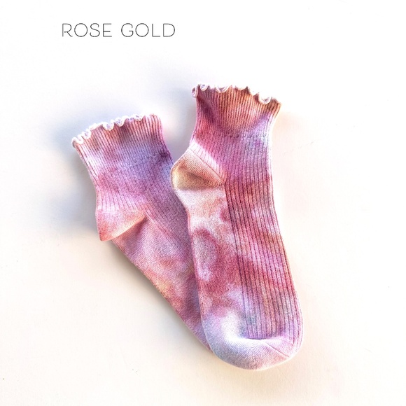 Mauve Pink Tie Dye Ruffle Socks Antique Rose Mid Crew Ice Dye Hand Dyed Socks L - Picture 1 of 4